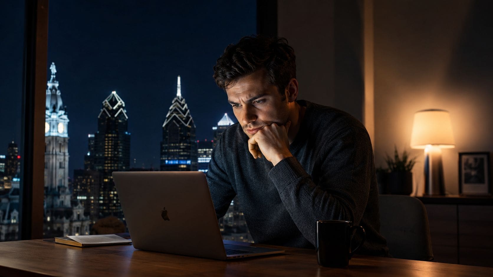 A focused psychologist reviewing notes on a laptop in a modern office overlooking the city at night.