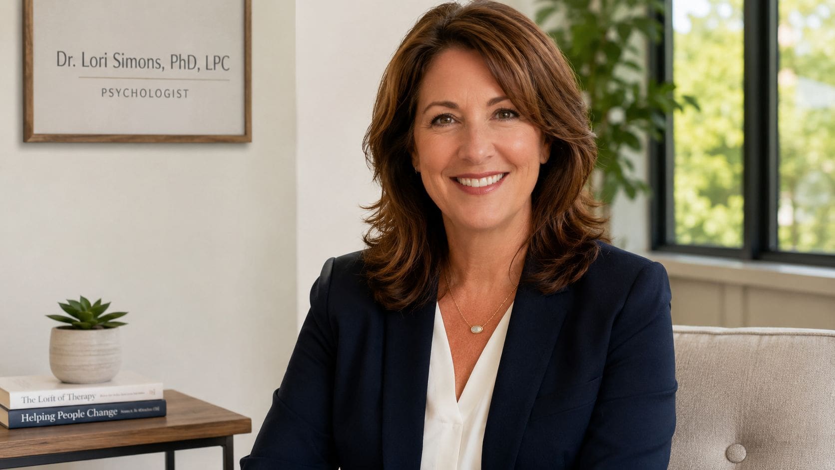 Dr. Lori Simons, a professional psychologist, smiling warmly while seated in her office for a portrait.