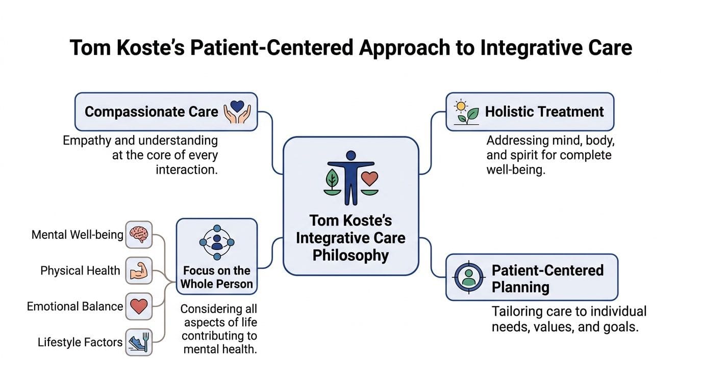 A diagram illustrating Tom Koste's patient-centered integrative care philosophy, highlighting compassionate care, holistic treatment, and planning.