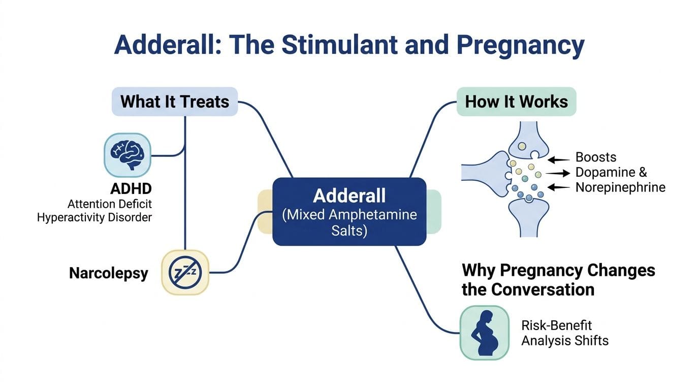 A diagram illustrating the uses of Adderall, how it works biologically, and why pregnancy affects its use.
