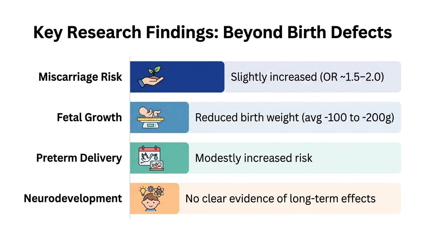 A research infographic showing risks of Adderall use during pregnancy including miscarriage, fetal growth, and preterm delivery.