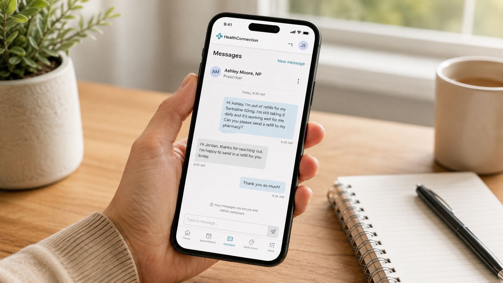 A person holding a smartphone showing a secure messaging app interface for health communication and prescription refills.