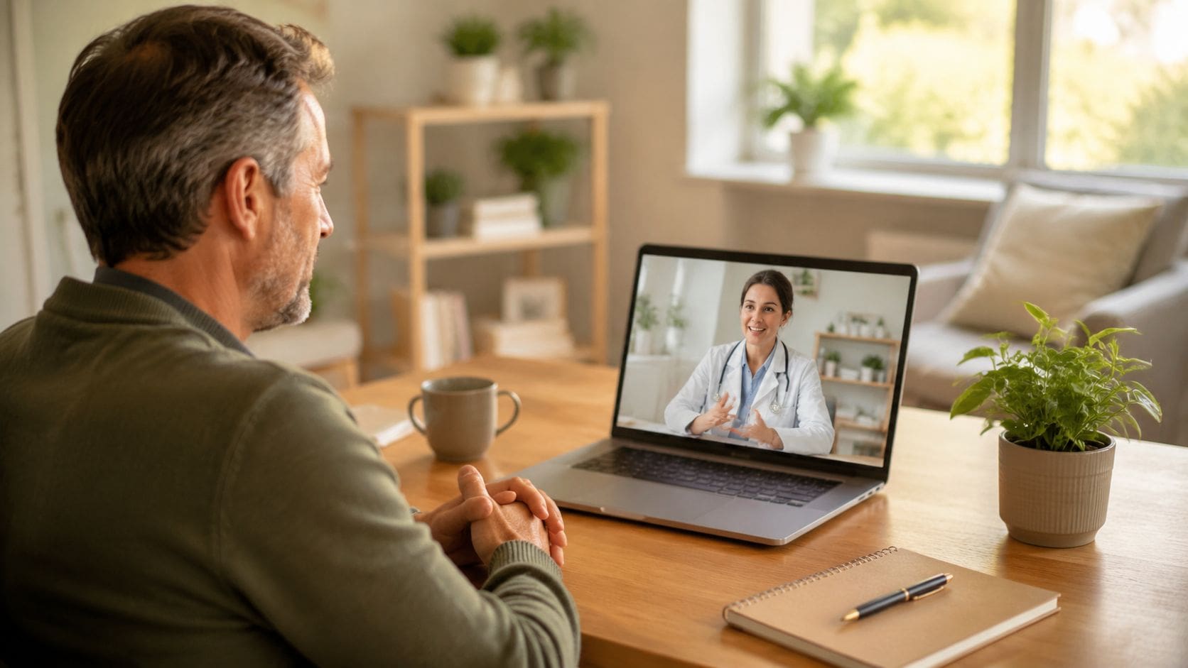 A man participating in a professional telemedicine consultation with a female doctor via video call on laptop.