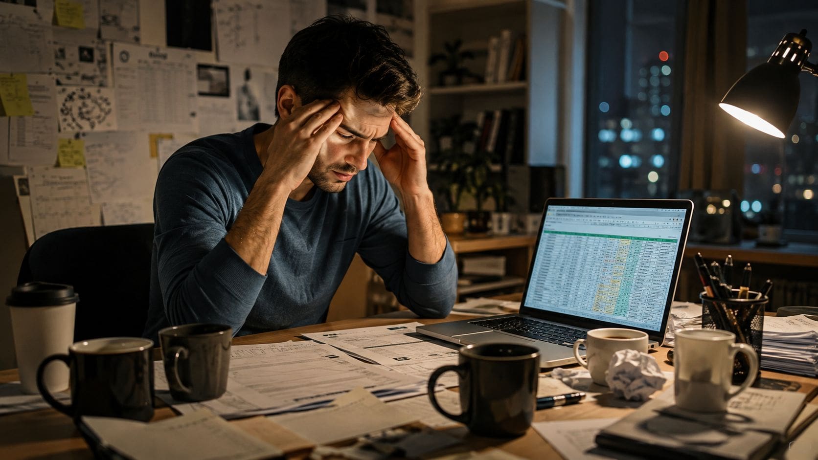 A stressed man sitting at a messy desk working late at night on his laptop with many mugs.