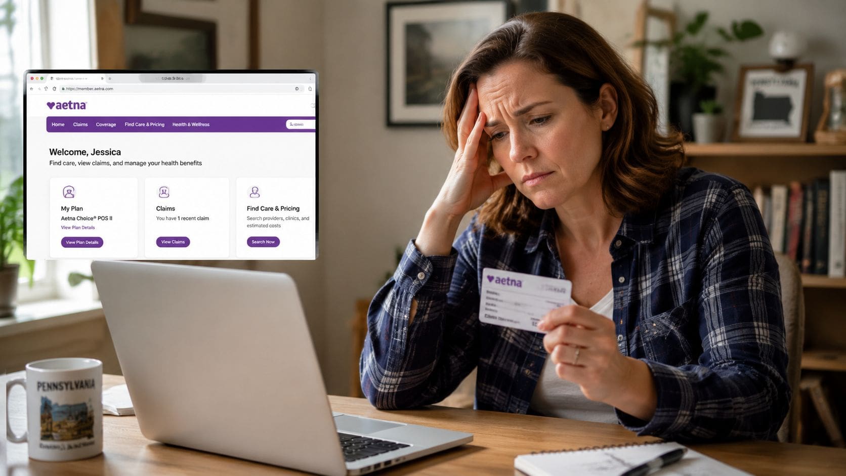 A woman looks stressed while managing her Aetna health insurance plan online on her laptop at home.