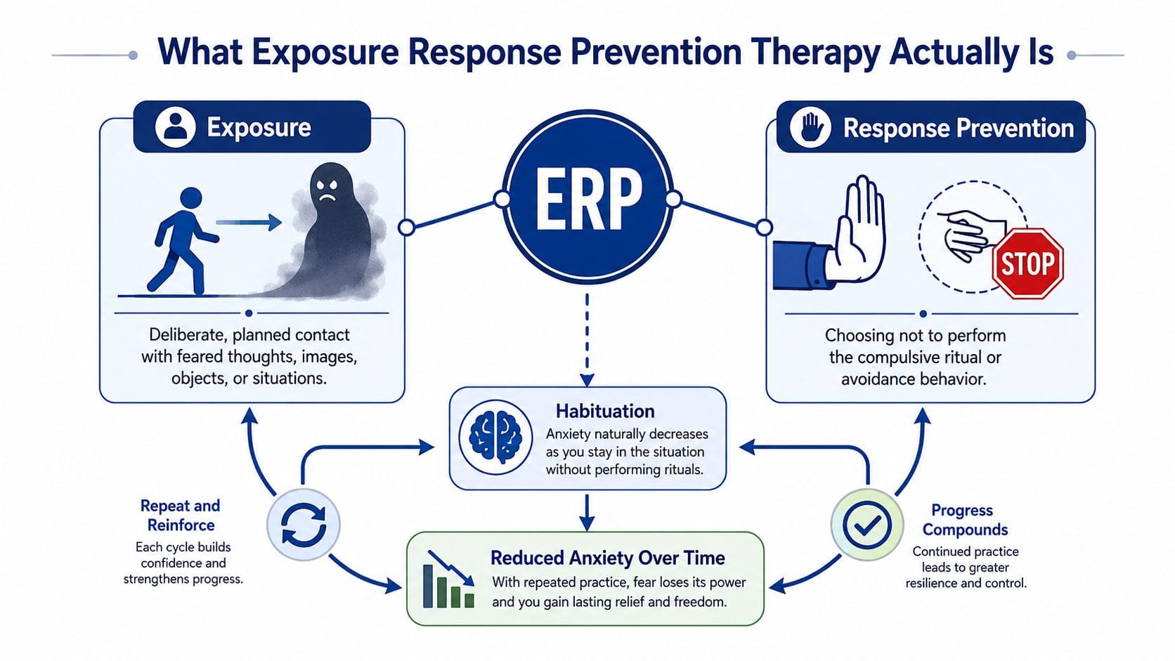 An infographic explaining the two main components of exposure response prevention therapy for managing anxiety symptoms.