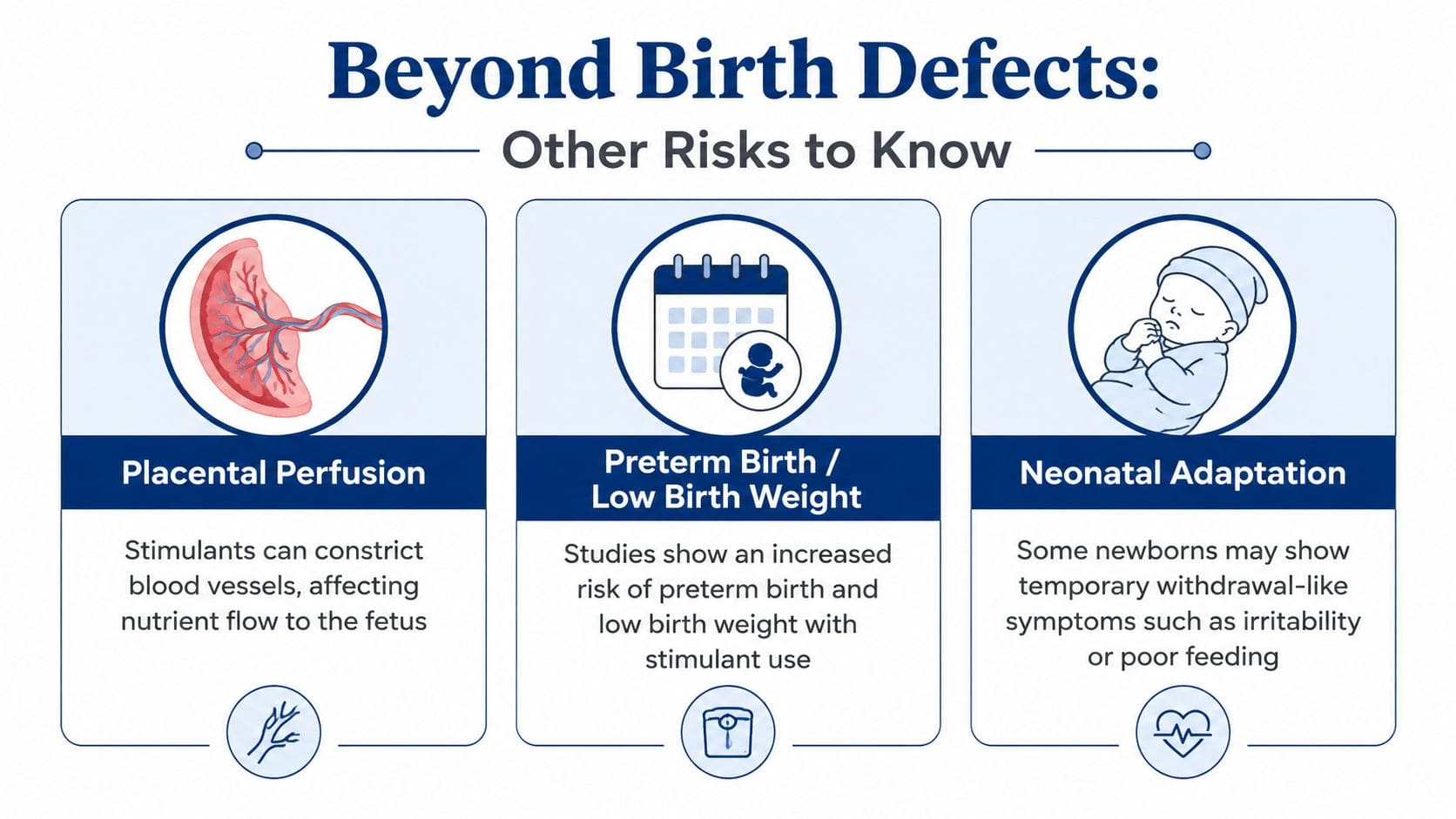 An infographic detailing risks to pregnancy from stimulant use, including placental perfusion, preterm birth, and neonatal adaptation.