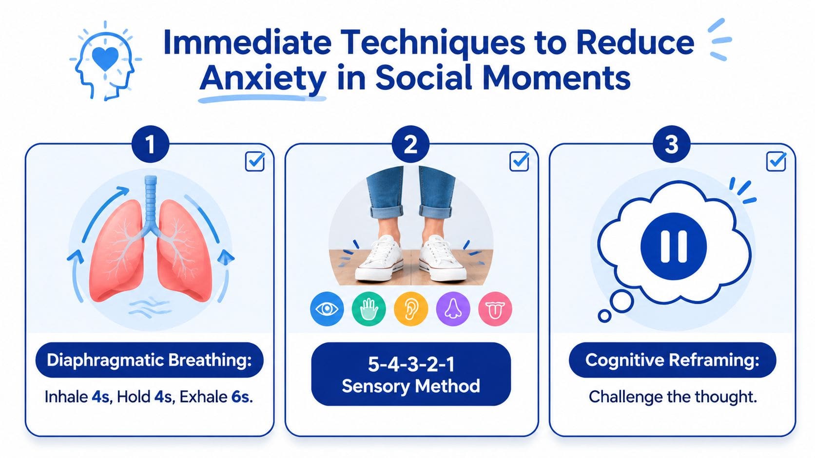 A visual guide showing three techniques for managing social anxiety, including breathing exercises, grounding, and cognitive reframing.