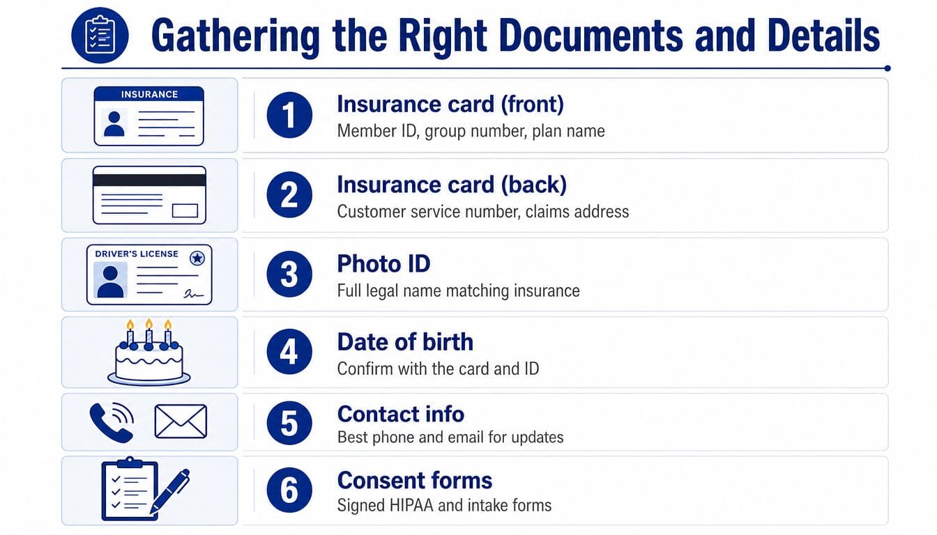 An infographic listing six essential documents and details required for the insurance verification process.