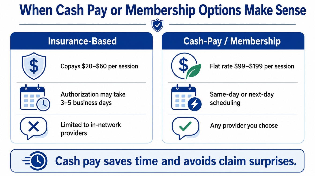 A comparison chart showing the differences between insurance-based payments and cash-pay or membership-based healthcare service options.