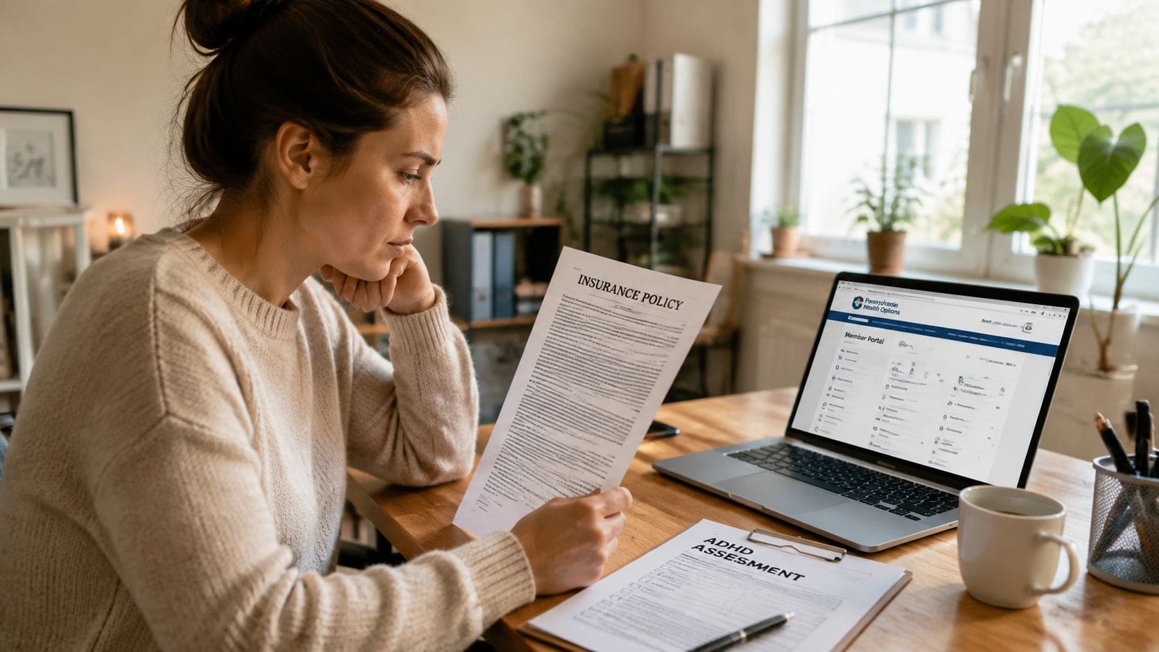 A woman sitting at a wooden desk, reviewing an insurance policy document and an ADHD assessment form.