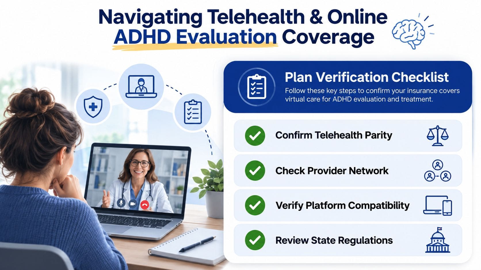 A woman participates in a telehealth ADHD evaluation via a laptop, following a plan verification checklist.