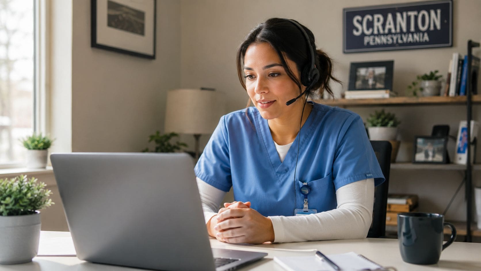 A female healthcare professional wearing scrubs and a headset attending a remote consultation on her laptop.
