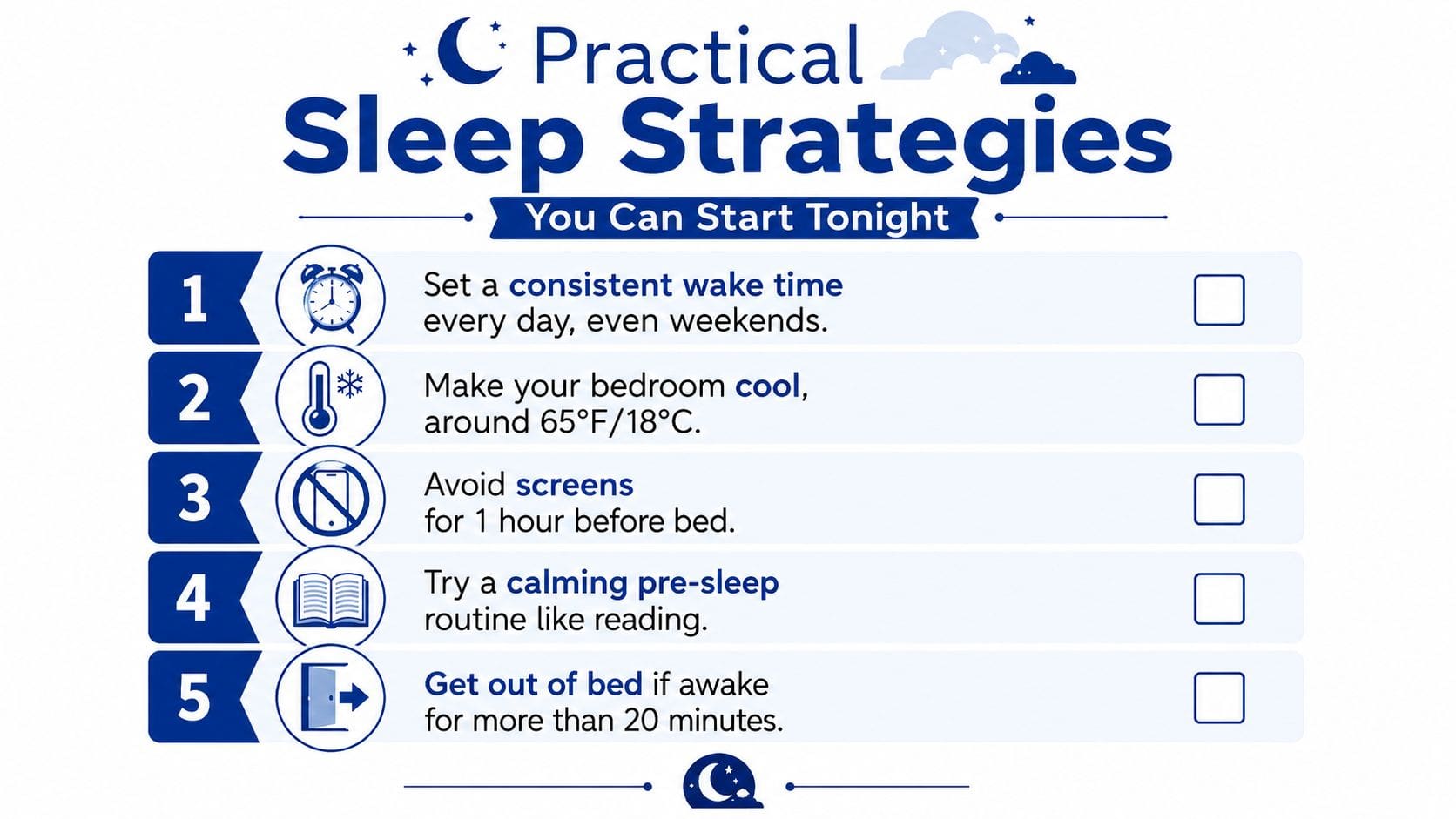 An infographic titled Practical Sleep Strategies showing five numbered tips for improving sleep quality and hygiene.