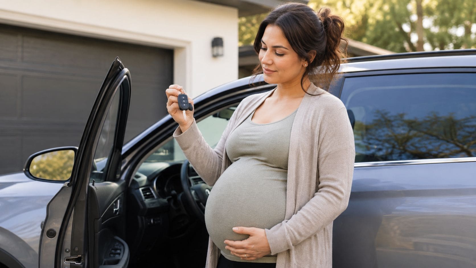 A pregnant woman smiling and holding her car keys while standing next to her parked vehicle.