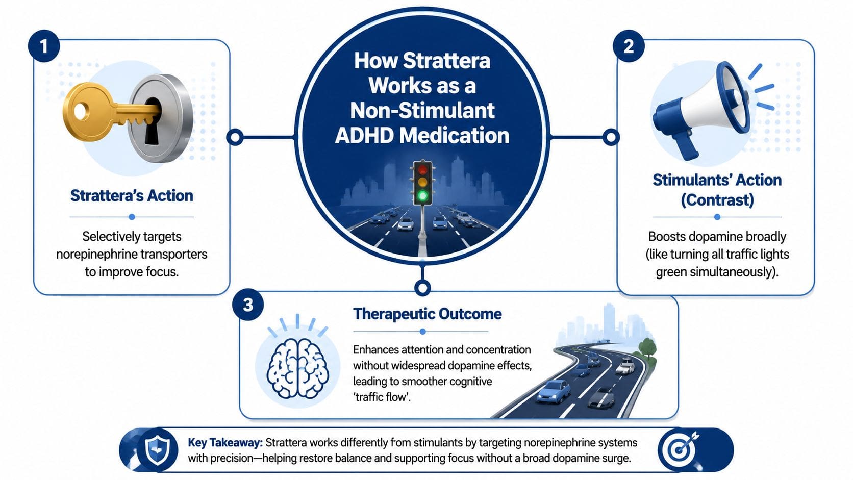 An infographic explaining how Strattera works as a non-stimulant ADHD medication by targeting norepinephrine transporters.