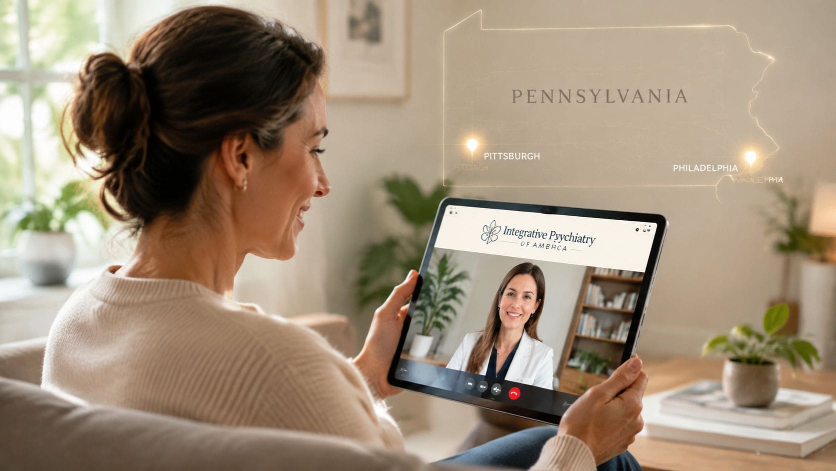 A woman participates in a virtual psychiatry consultation via a tablet while at home.