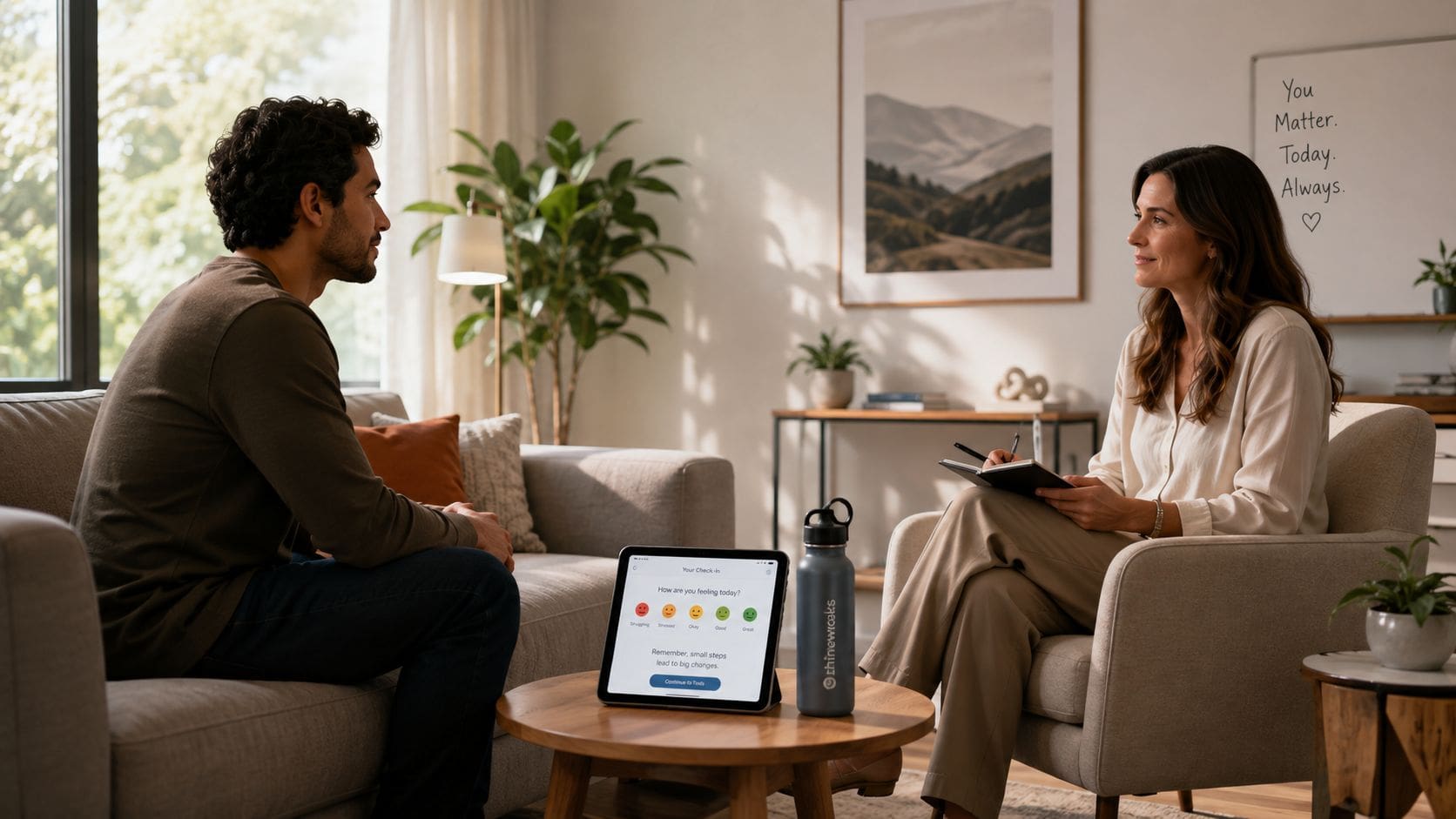 A male patient participates in a remote suboxone treatment session with his therapist via a tablet device.