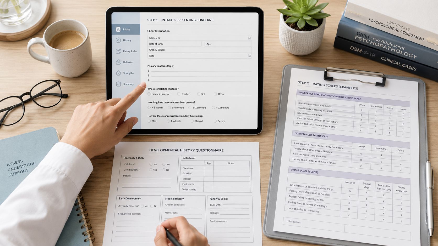 A professional clinician reviewing ADHD diagnostic testing and developmental history forms on a digital tablet and paper.
