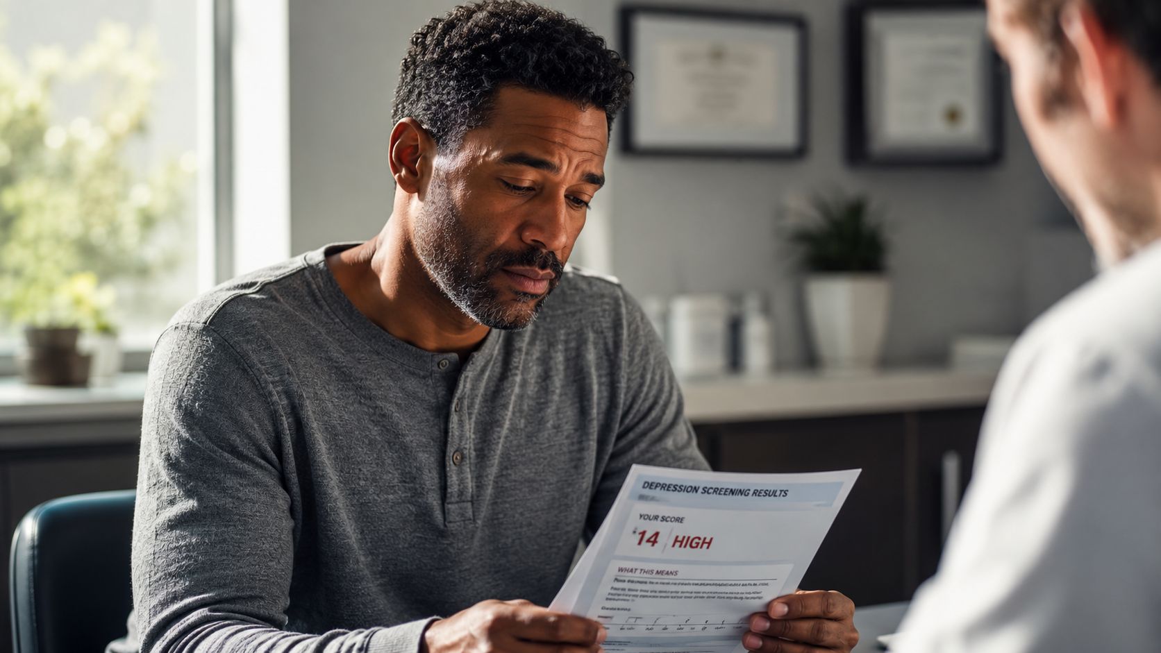 A man looking concerned while reviewing his depression screening results with a doctor in a clinic.