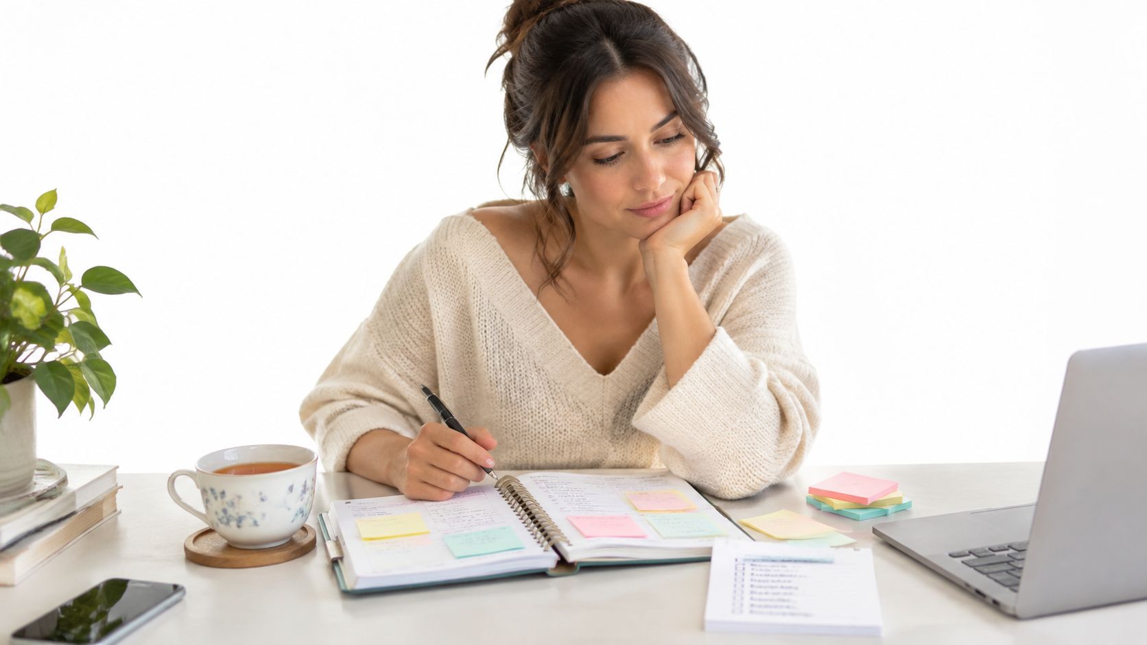 A young woman thoughtfully planning in a notebook at her desk with a laptop and coffee.