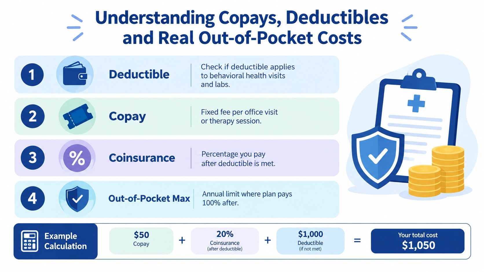 An infographic explaining insurance terms including deductible, copay, coinsurance, and out-of-pocket maximum with an example calculation.