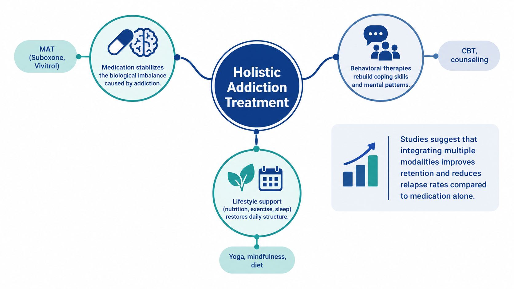 A diagram illustrating components of holistic addiction treatment including medication, behavioral therapies, and lifestyle support systems.