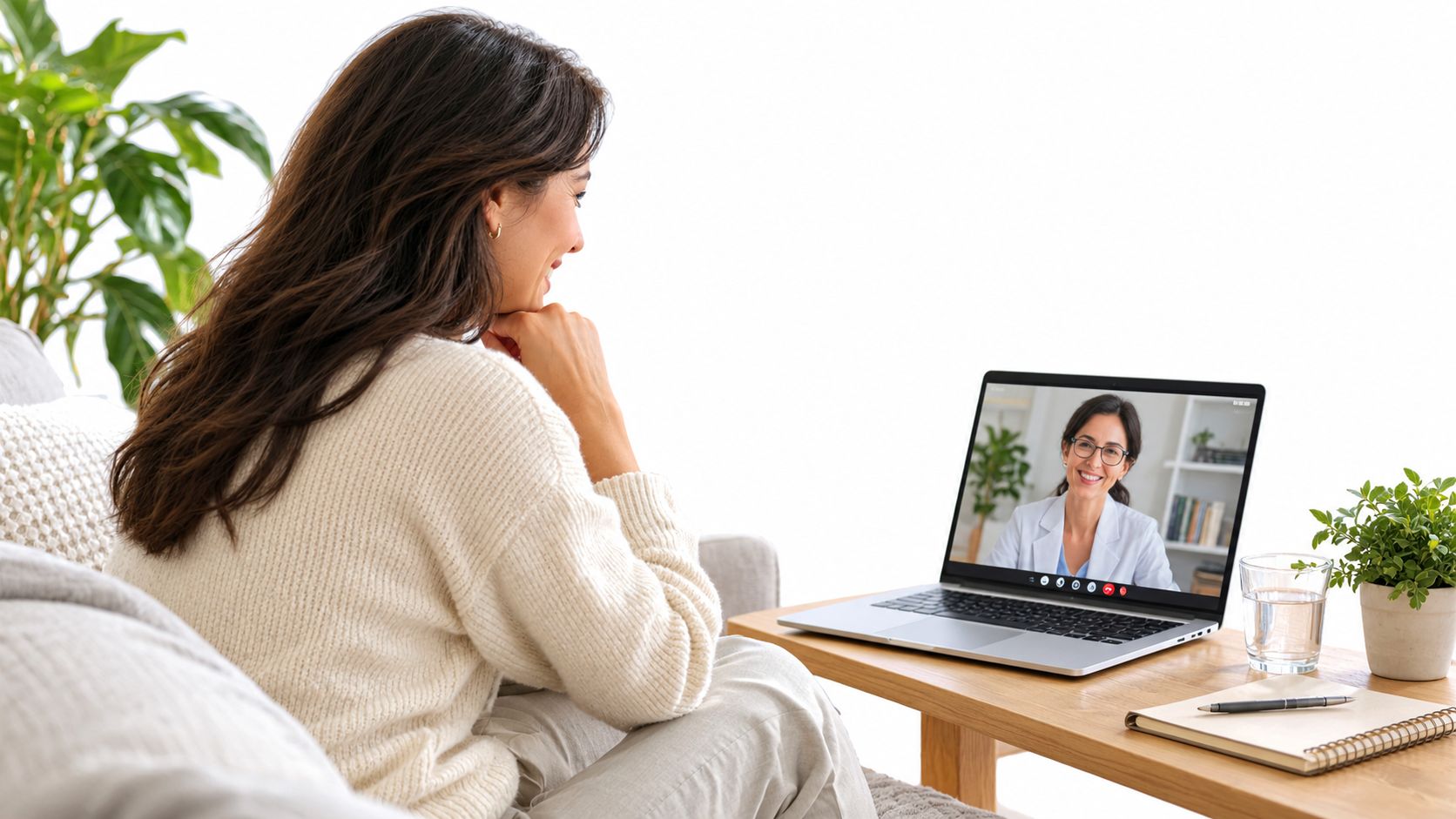 A woman sits on a sofa having a virtual video consultation with a professional doctor online.