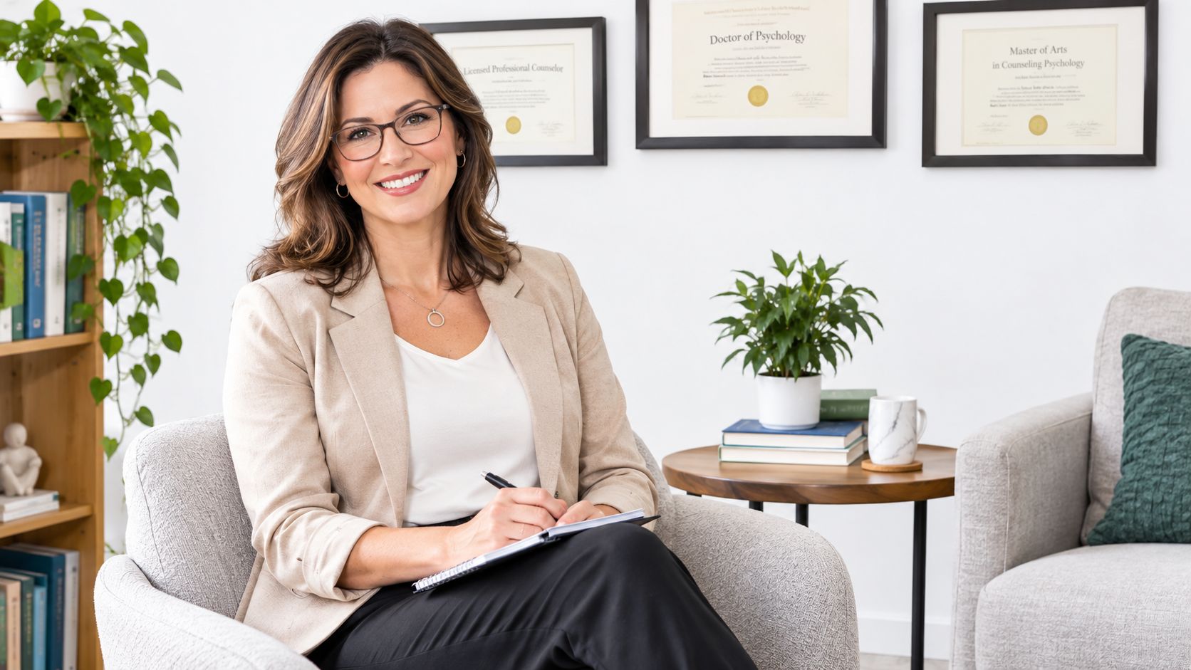 A professional female therapist sitting in an office chair with a notebook and pen in her hands.