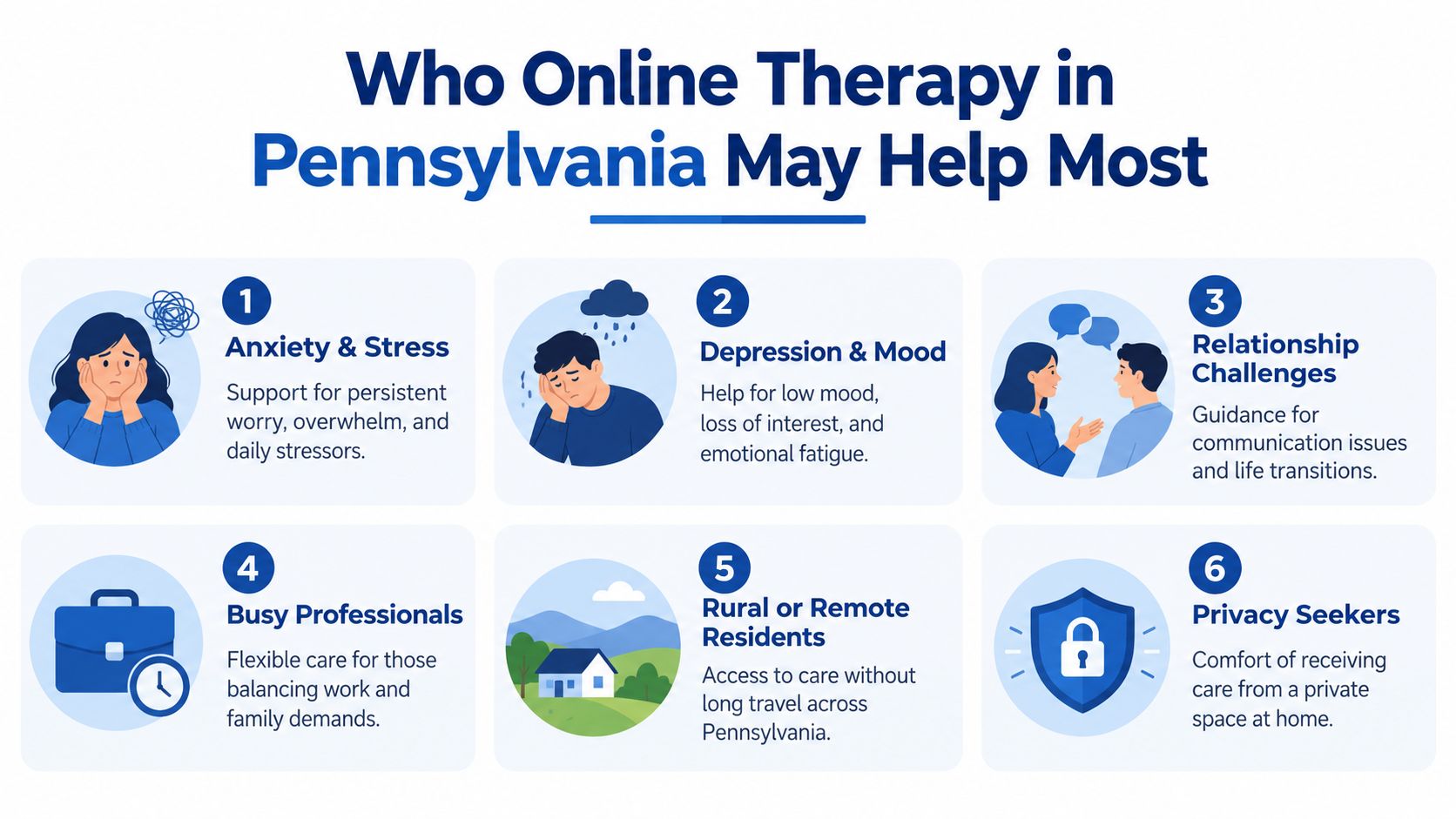 An infographic detailing six types of people in Pennsylvania who benefit most from online therapy services.