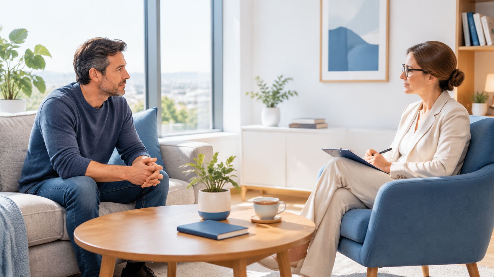 A professional therapist listens attentively to a male patient during an office counseling session.