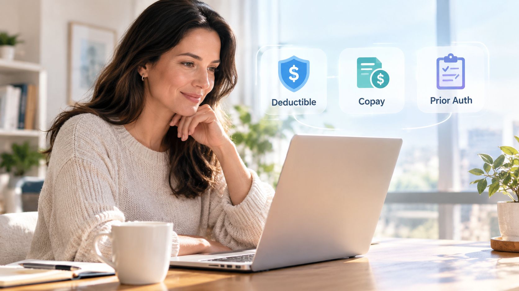 A woman looks at her laptop while healthcare icons for deductible, copay, and prior authorization appear above.