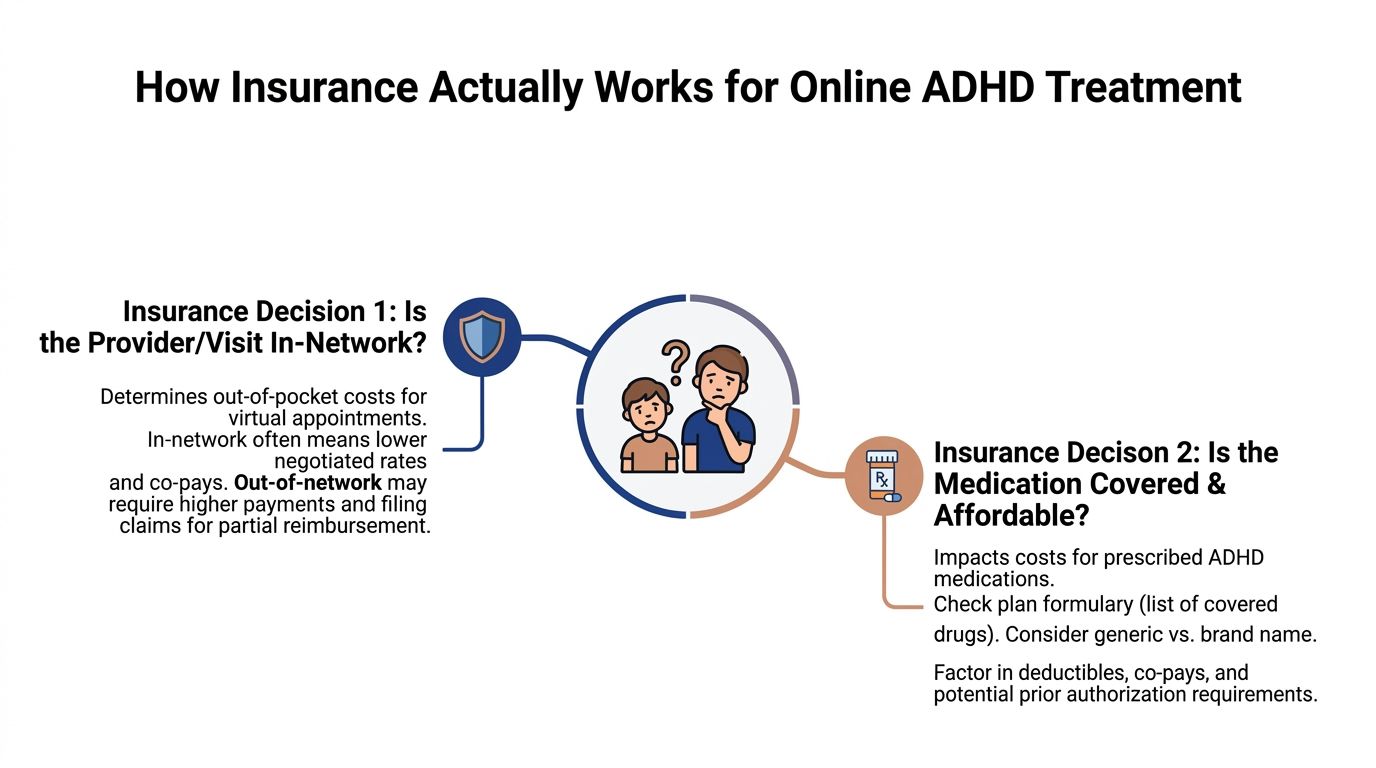 A diagram explaining two key insurance decisions for online ADHD treatment including provider networks and medication coverage.