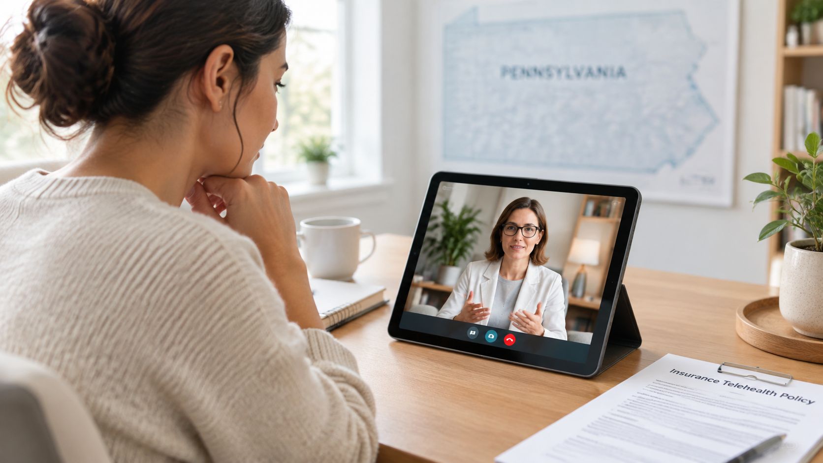 A woman participating in an online telehealth consultation session with a doctor via a tablet computer.