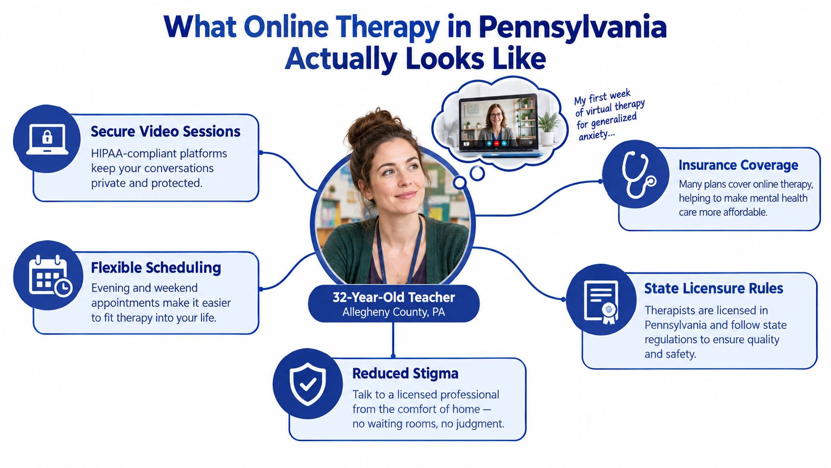 A diagram illustrating the key benefits and features of accessing online therapy services in Pennsylvania.