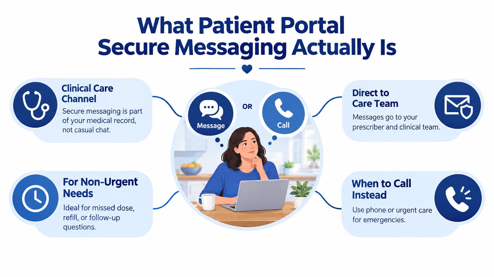 An infographic explaining how patient portal secure messaging works as a clinical care channel for non-urgent needs.