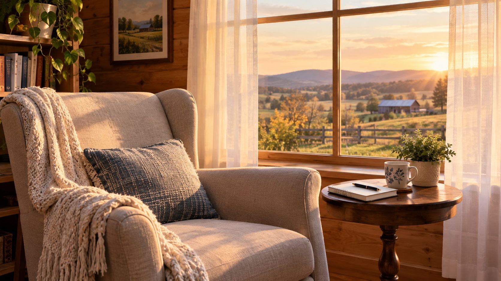 A cozy armchair with a throw blanket next to a window overlooking a peaceful rural sunset landscape.