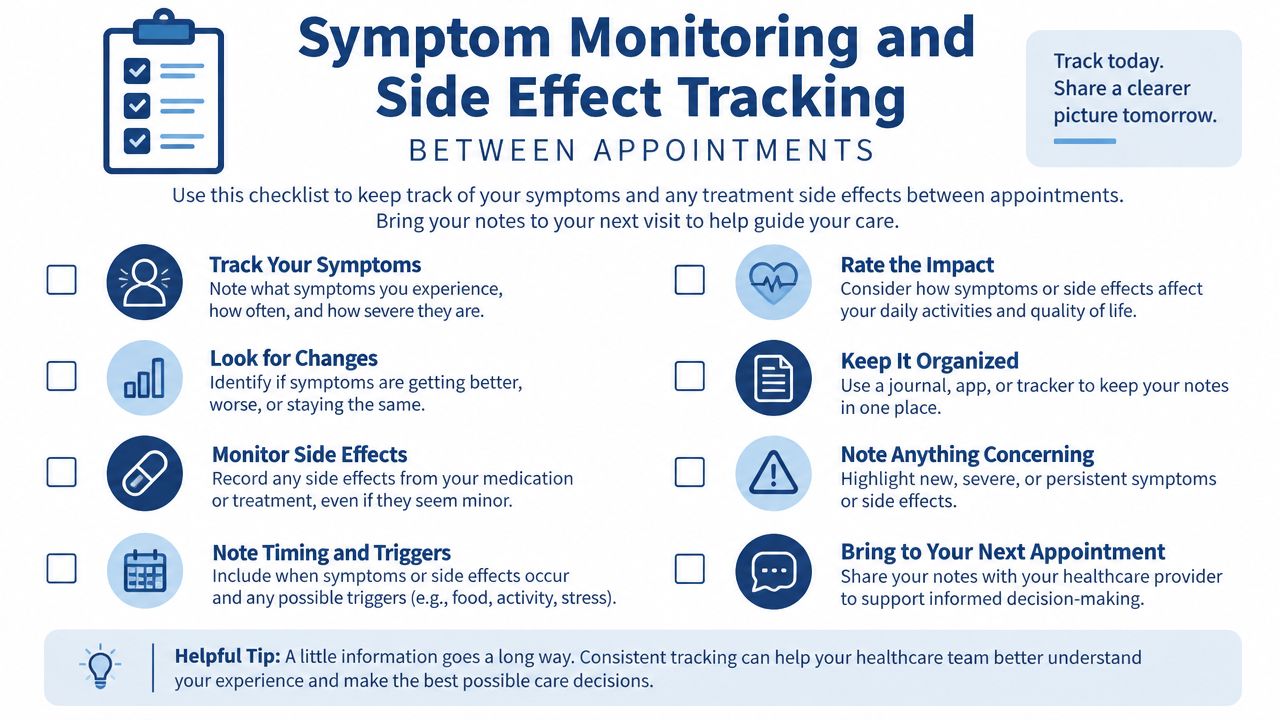 An infographic checklist for patients to monitor and track symptoms and medication side effects between medical appointments.