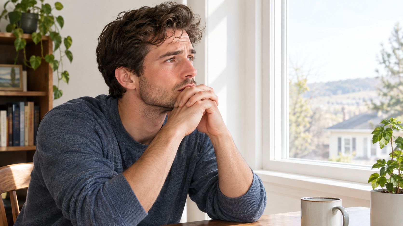 A pensive man sits at a table near a window, reflecting on his mental health and focus.
