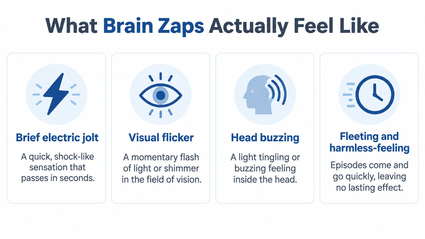 Infographic breaking down common sensations of brain zaps including electrical jolts, visual flashes, and sudden sensory static.