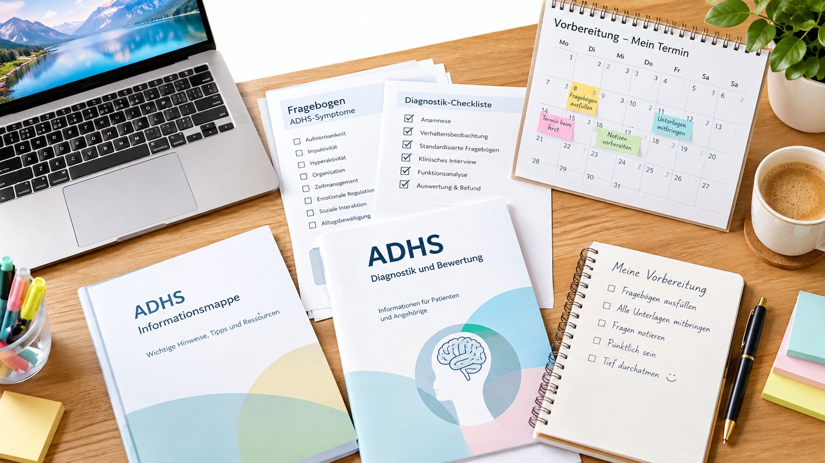 A wooden desk featuring an ADHD diagnostic folder, a checklist, a laptop, and a calendar for appointments.