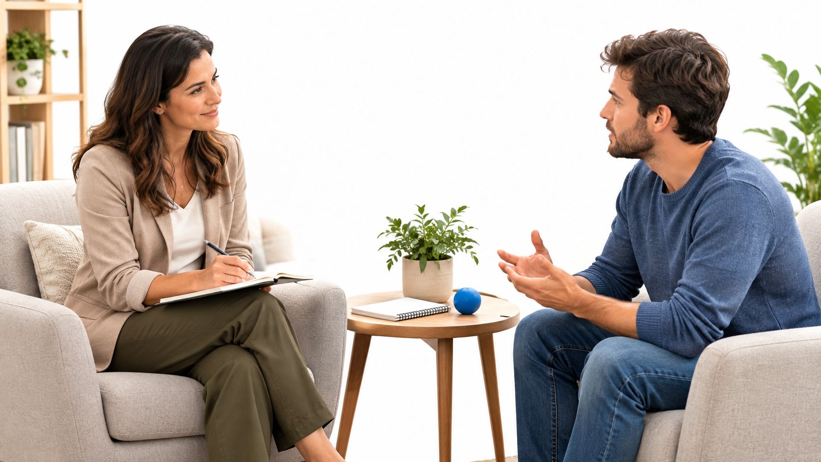 A professional therapist listening to a male patient during a therapy session in a bright office.