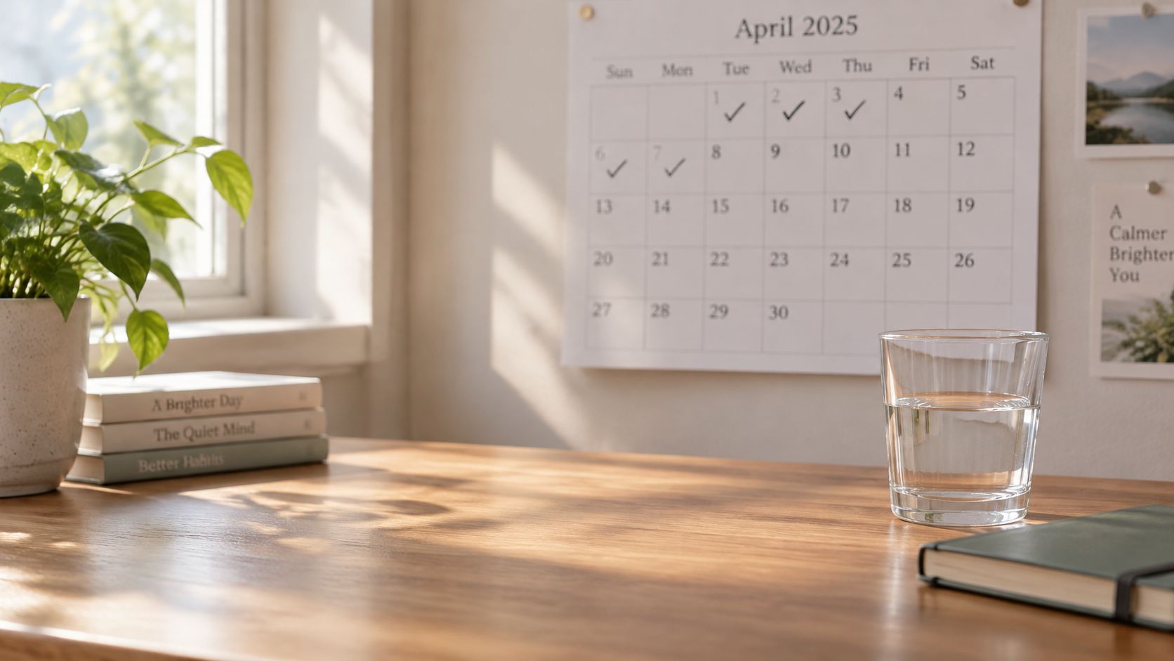 A serene desk setup with books, a plant, a glass of water, and a calendar in natural sunlight.