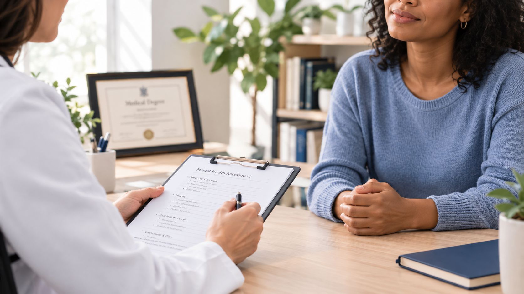 A doctor conducting a mental health assessment while speaking with a patient in a medical office.