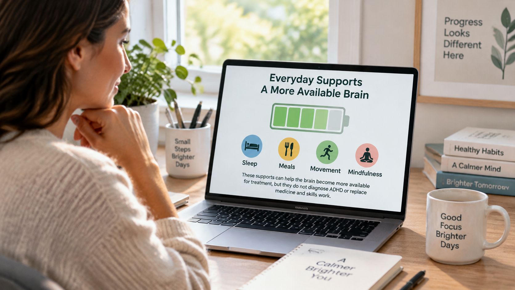 A woman looks at a laptop screen displaying a guide on everyday supports for brain health.
