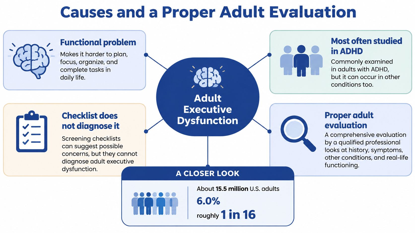 An infographic explaining adult executive dysfunction, its association with ADHD, and the importance of professional evaluation.