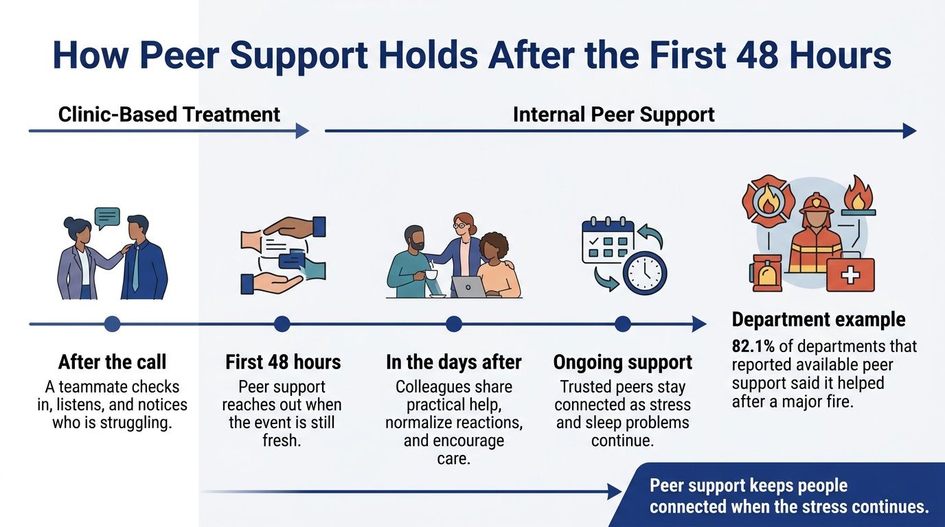 A timeline graphic showing how internal peer support assists first responders after critical incidents and stressful calls.