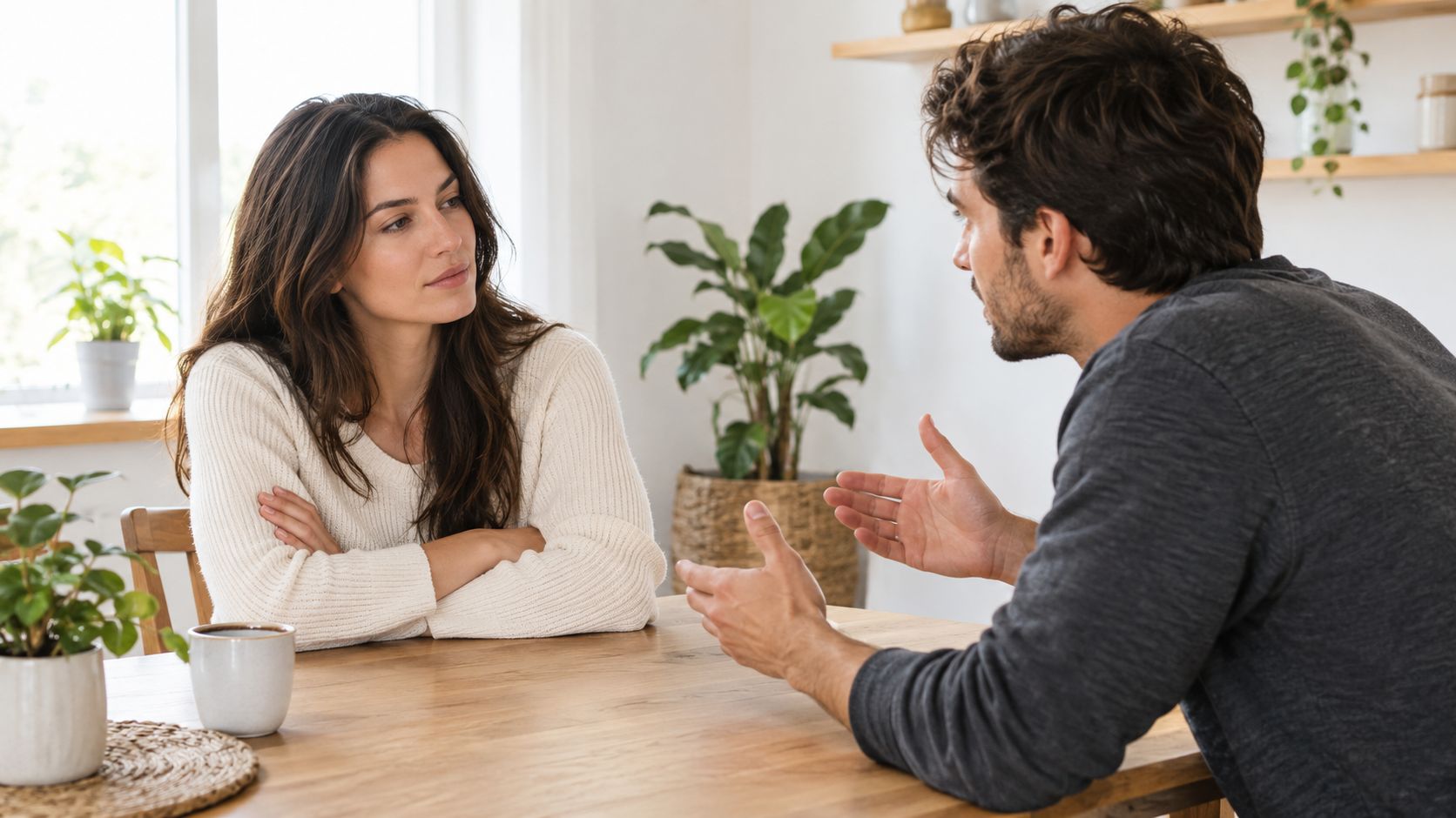 A woman and a man sitting at a wooden table having a serious conversation at home.