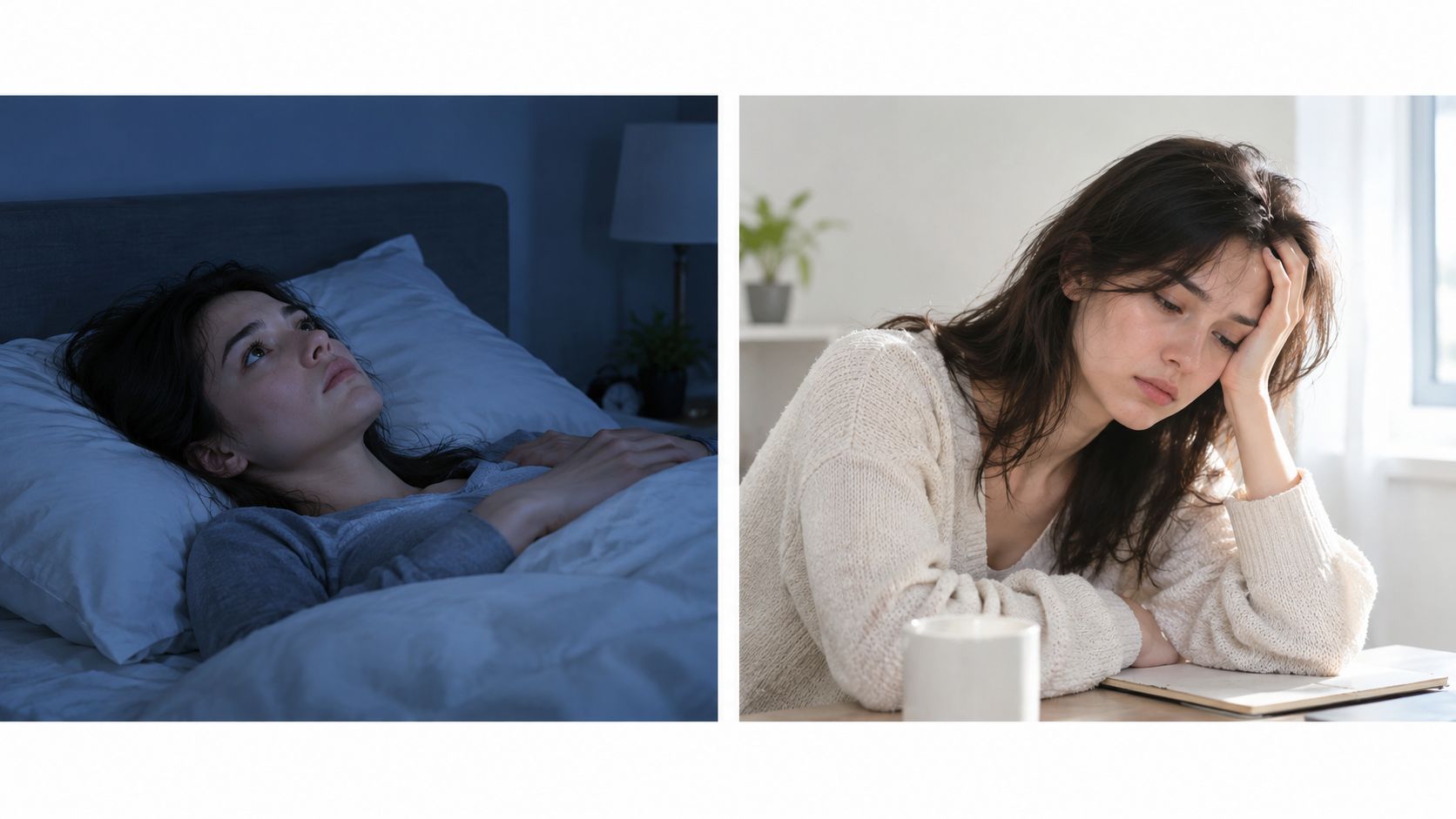 A split image showing a woman struggling with insomnia in bed and feeling stressed during the day.