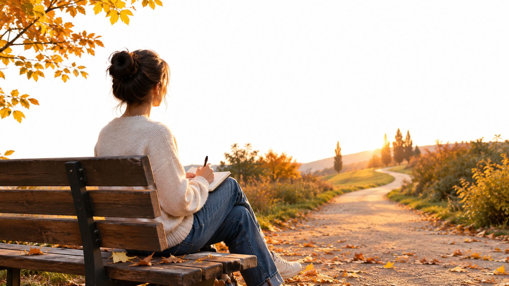 A woman sits on a wooden bench at sunset, writing in her journal in an autumn park.